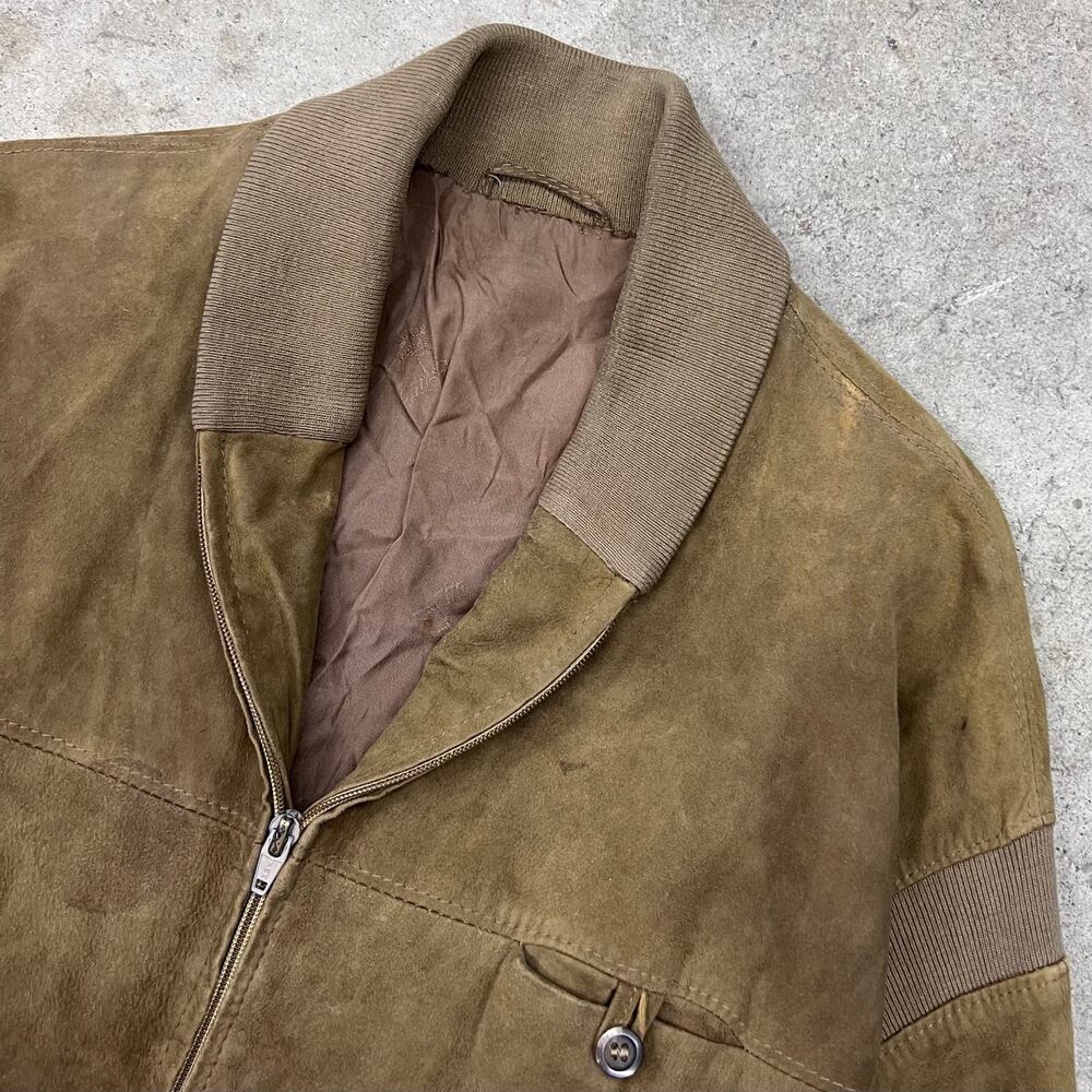 Vintage Suede Leather Bomber Jacket Knit Shawl Collar Light Brown Patina Size M - Picture 7 of 16